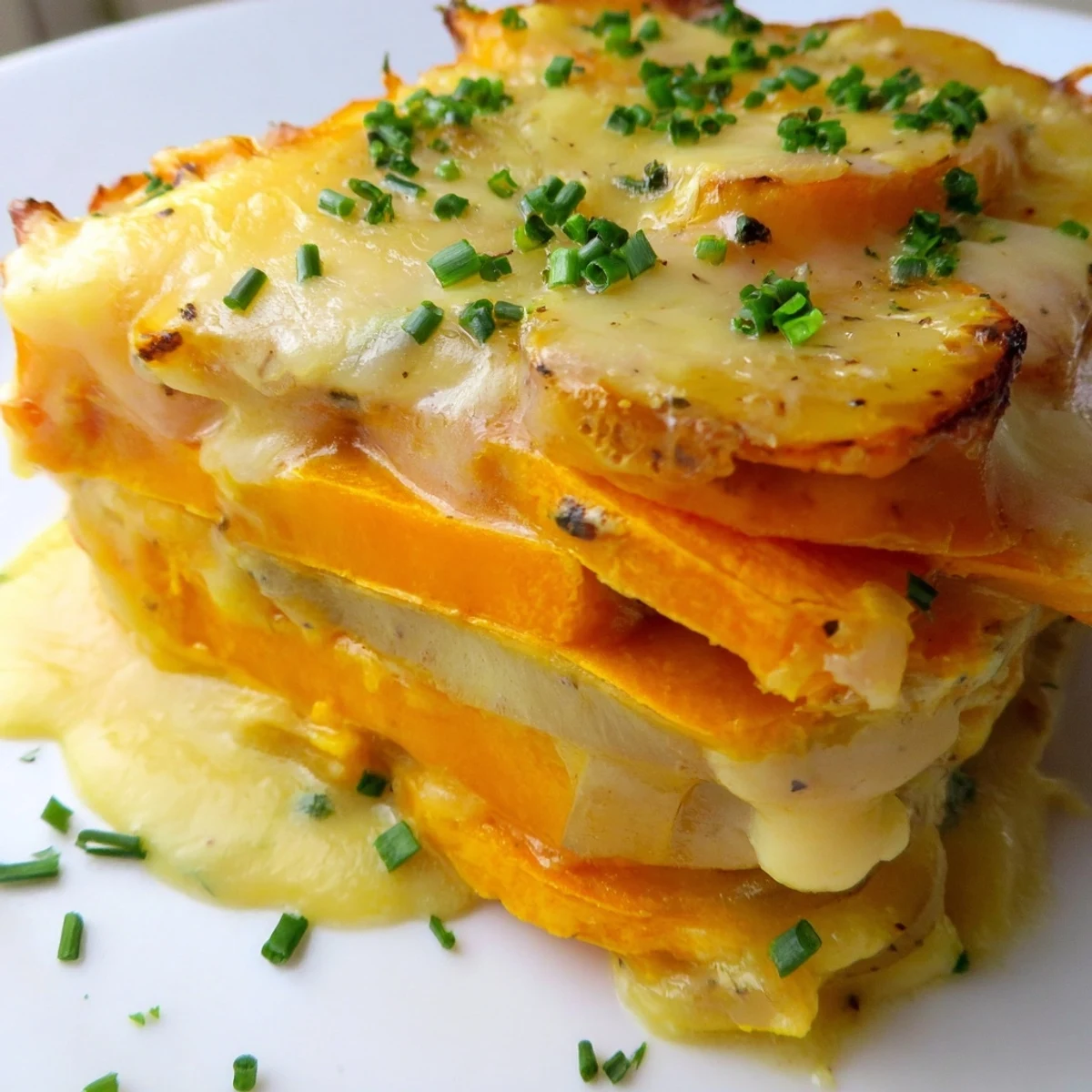 A serving spoon lifts a cheesy slice of Cheesy Sweet Potato Gratin with Caramelized Onions Delight from the baking dish.