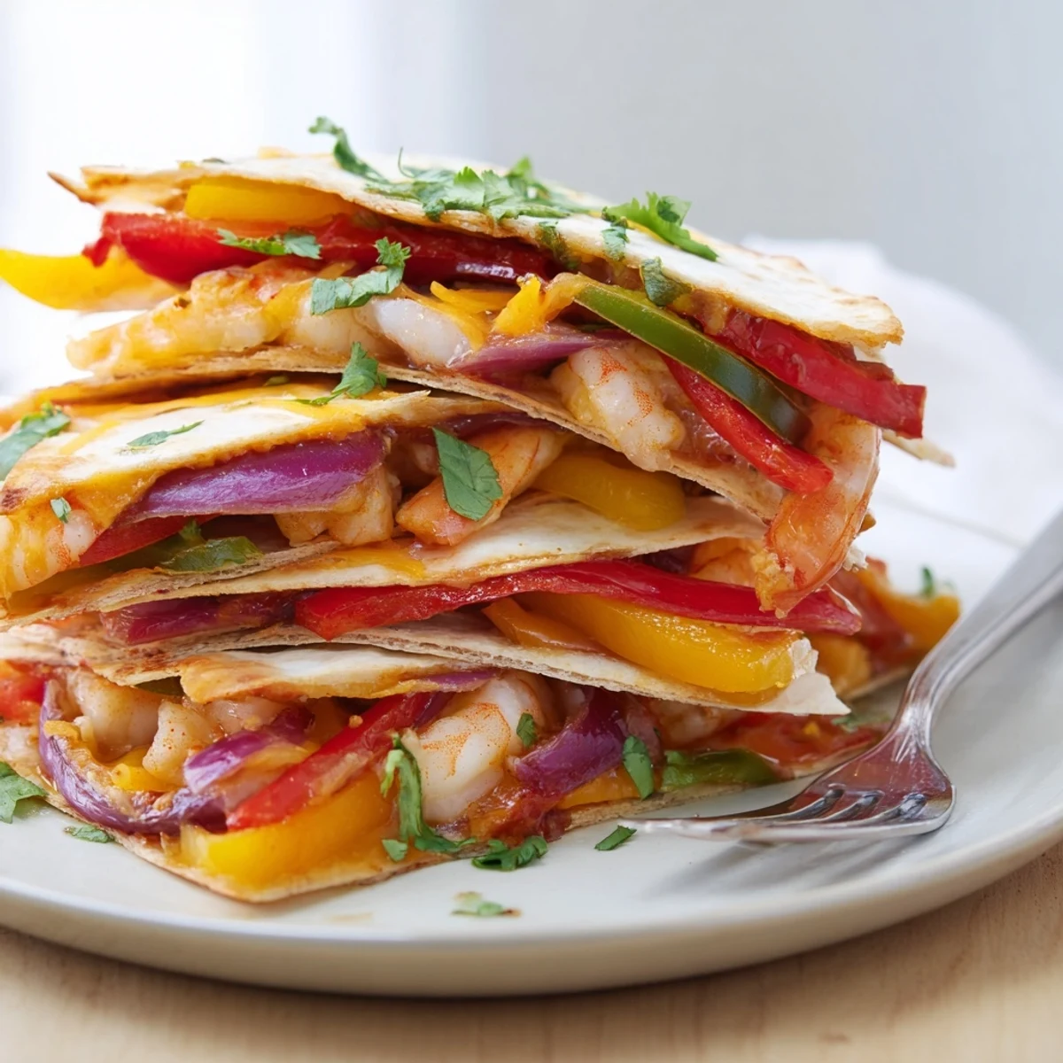 Golden-baked Shrimp Fajita Sheet Pan Quesadillas, cut into wedges and served with fresh lime and creamy avocado.