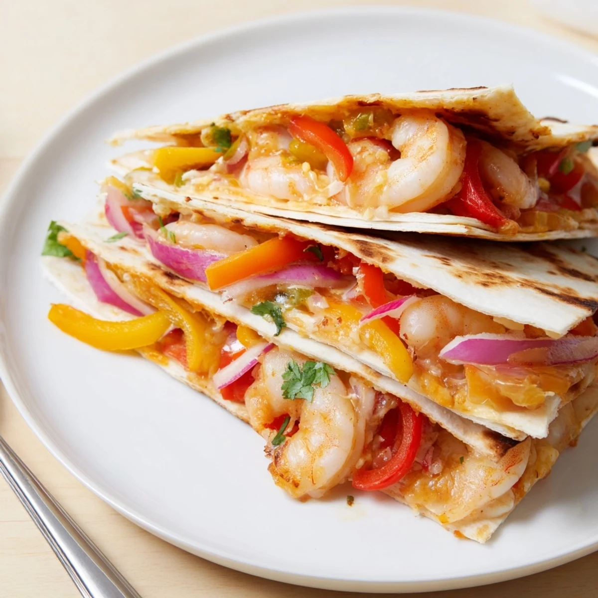 Vibrant Shrimp Fajita Sheet Pan Quesadillas emerge from the oven with melty cheese and crisp tortilla edges.