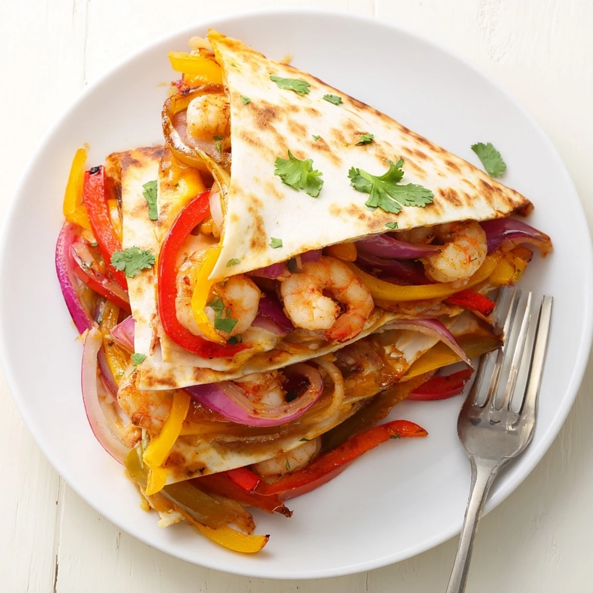 Sizzling shrimp and roasted peppers in Shrimp Fajita Sheet Pan Quesadillas, ready to enjoy with cool sour cream.