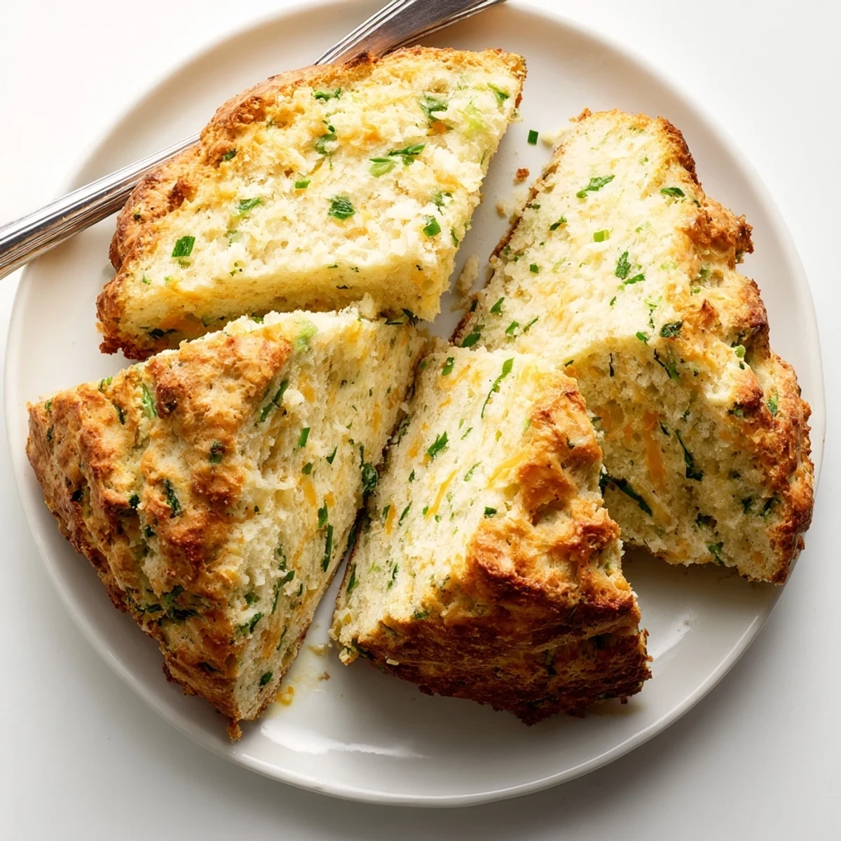 A freshly baked Savory Herbed Cheddar Irish Soda Bread loaf sits on a rustic cutting board with a knife.