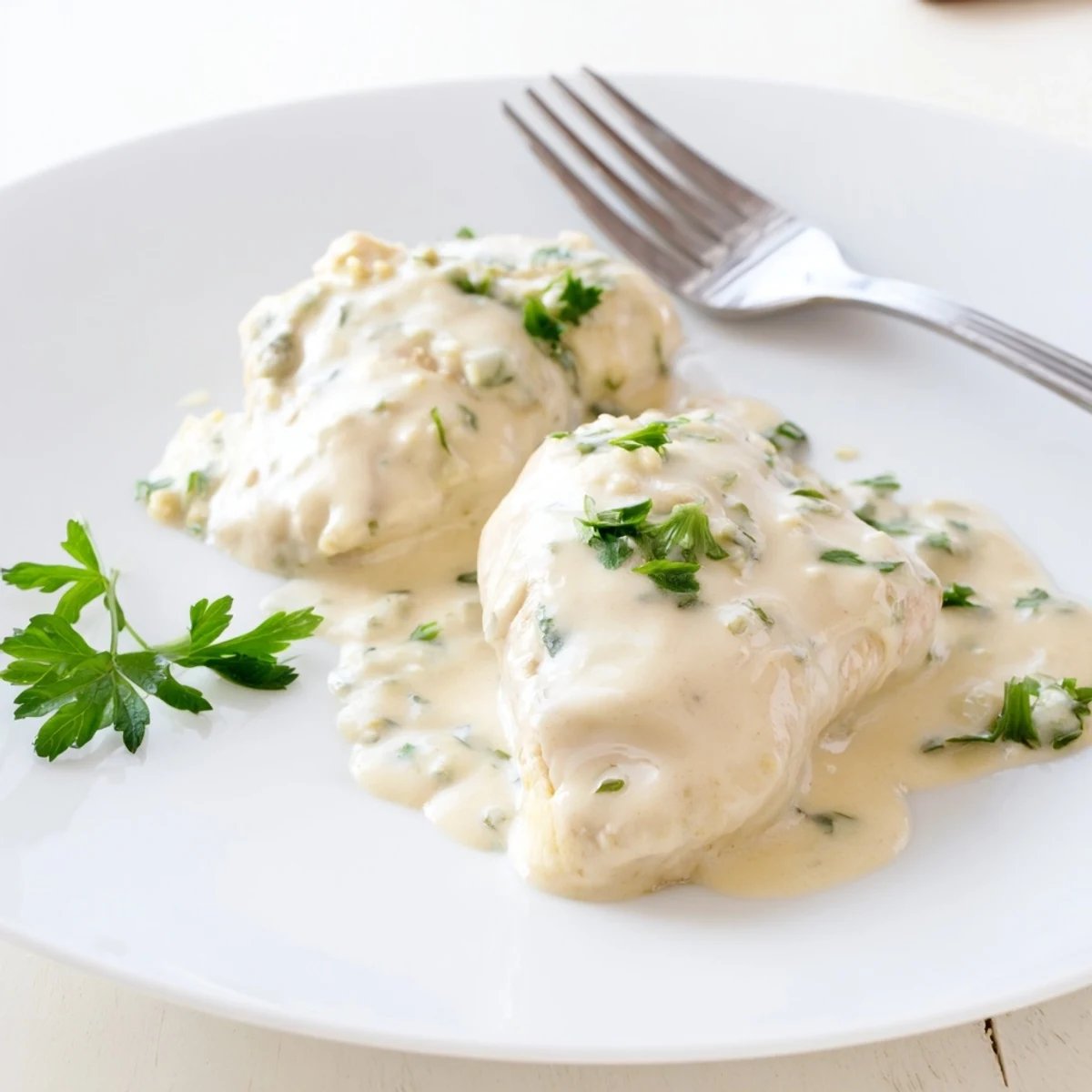 Golden seared chicken breasts swimming in a creamy Boursin Chicken sauce with fresh parsley garnish.