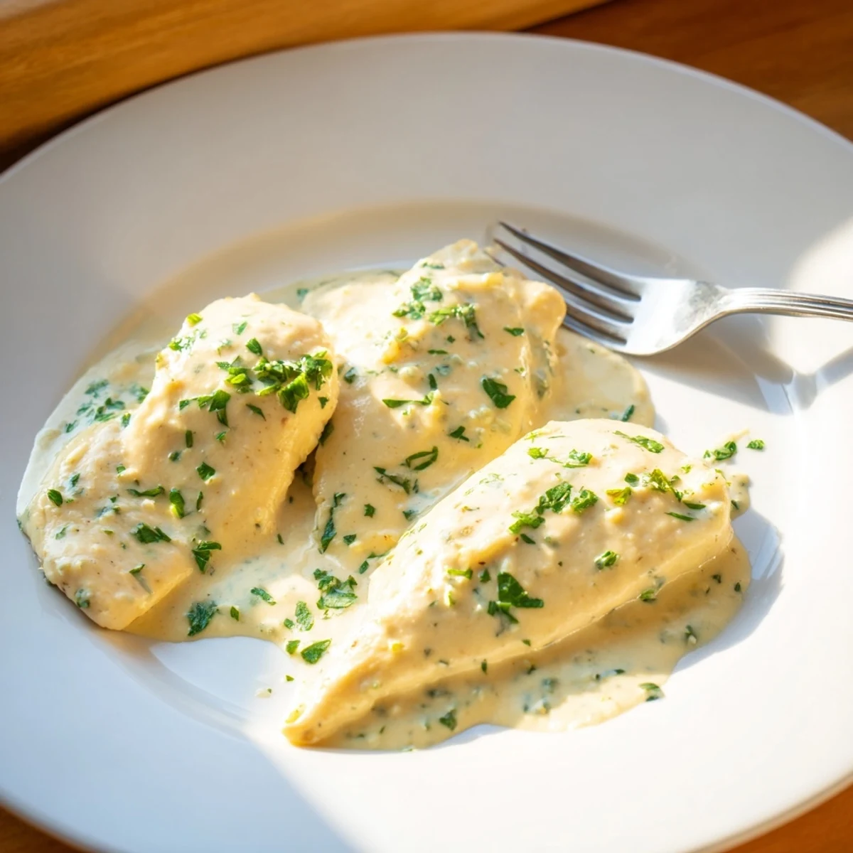 Garlicky Boursin Chicken simmering in a rich cream sauce, paired with green beans for a weeknight meal.