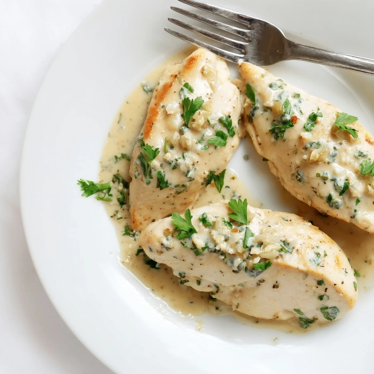 A close-up of juicy Boursin Chicken served over mashed potatoes with a glass of white wine.