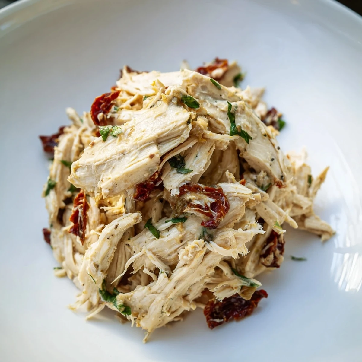 Marry Me High Protein Crockpot Chicken glowing with rich tomato and herb aroma on a rustic kitchen counter.