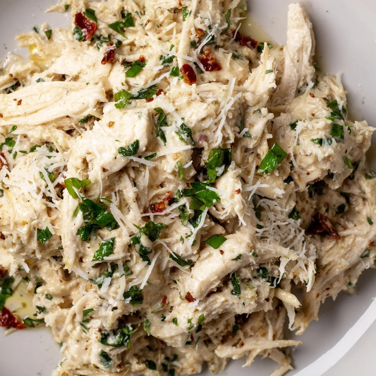 Tender chicken breasts slow-cooked in a creamy parmesan sauce with sun-dried tomatoes, served steaming in the crockpot.