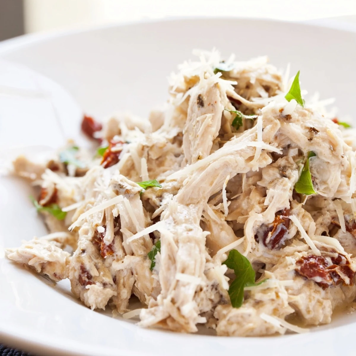 Plate of Marry Me High Protein Crockpot Chicken beside fresh basil and a side of fluffy quinoa for dinner.