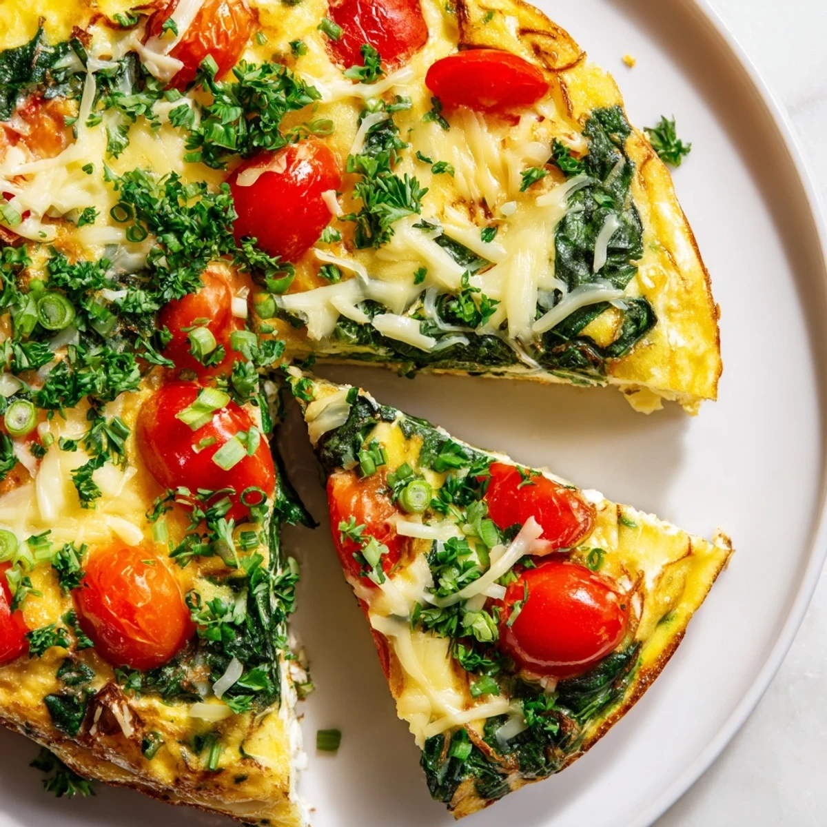 Fluffy Simple Cottage Cheese Frittata with melted cheese and vegetables, ready to be served for brunch.