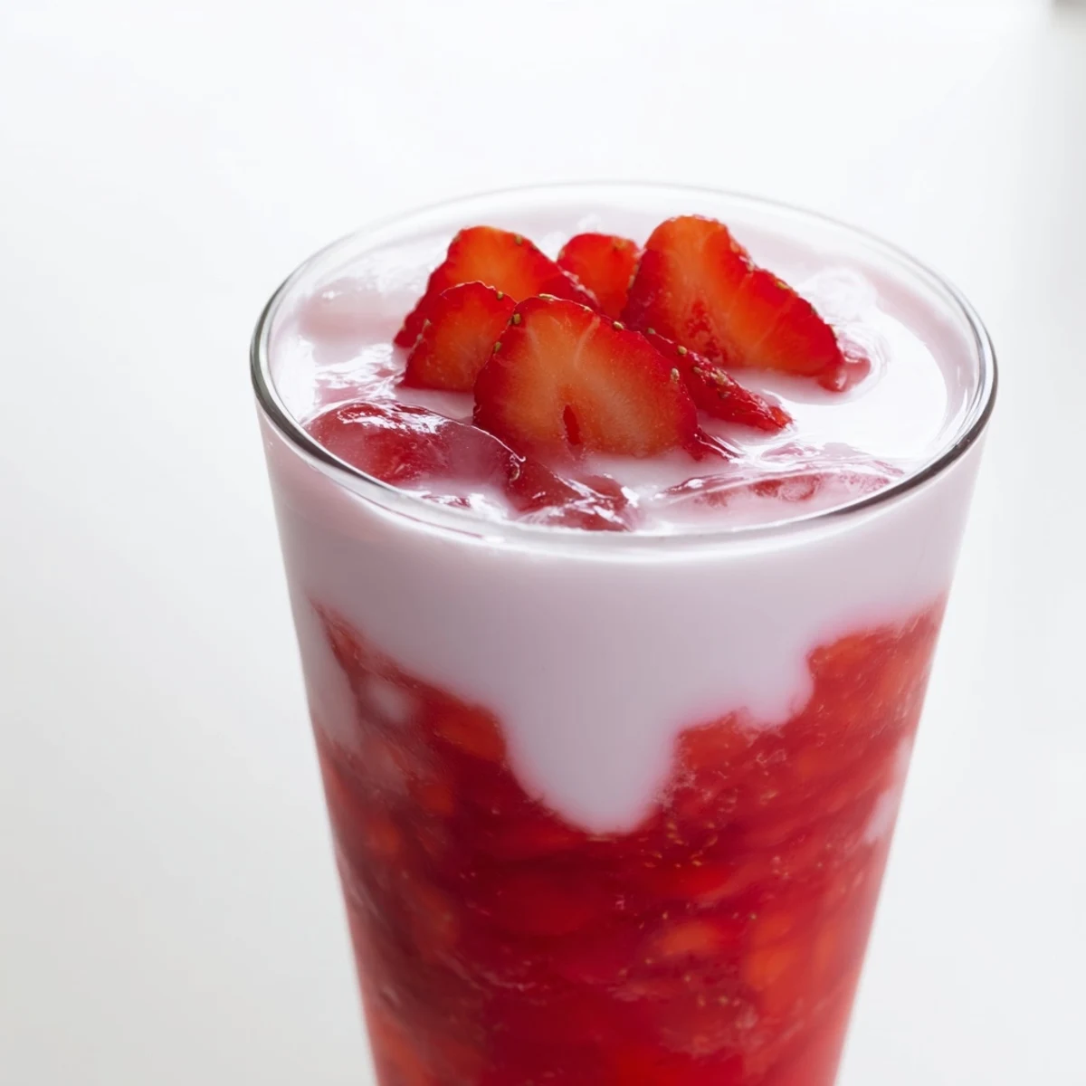 Cafe Style Korean Strawberry Milk served over ice in a clear glass, topped with bright strawberry slices and creamy milk.  