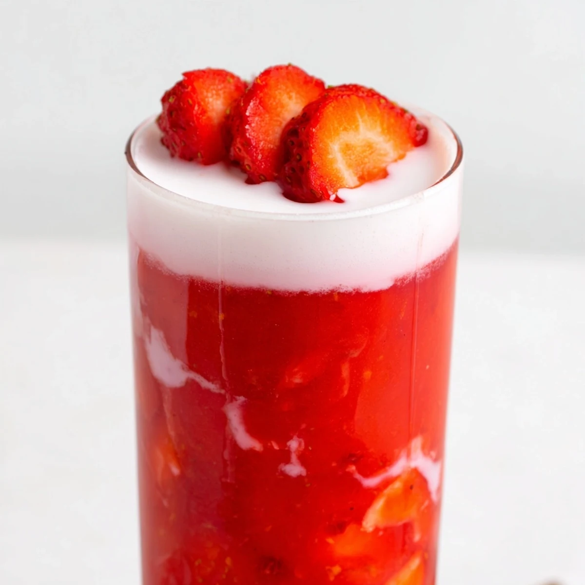 A tall glass of Cafe Style Korean Strawberry Milk with a pink swirl, fresh sliced berries, and condensation on the side.  