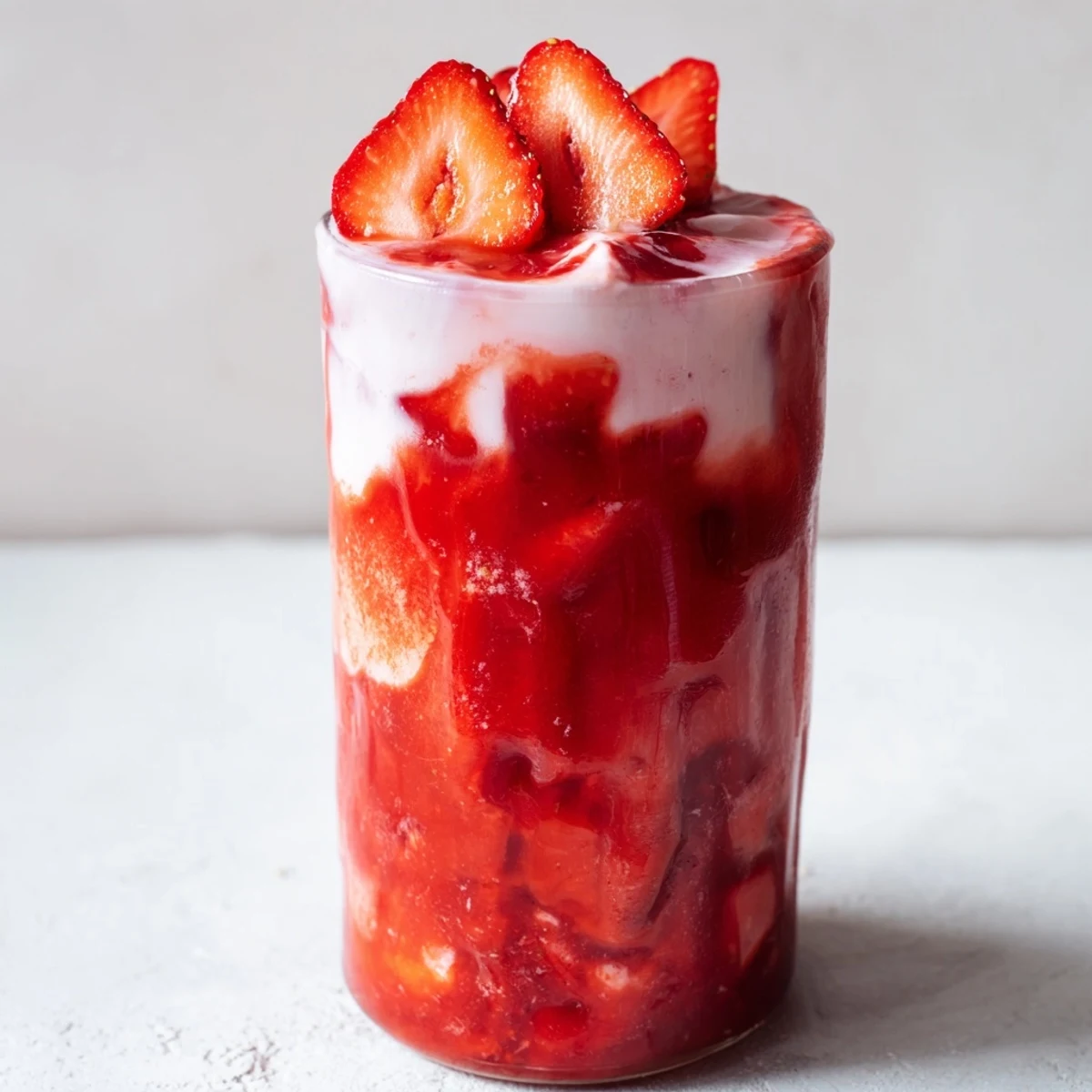 Homemade Cafe Style Korean Strawberry Milk in a frosty glass, blending a sweet strawberry sauce with cold milk.