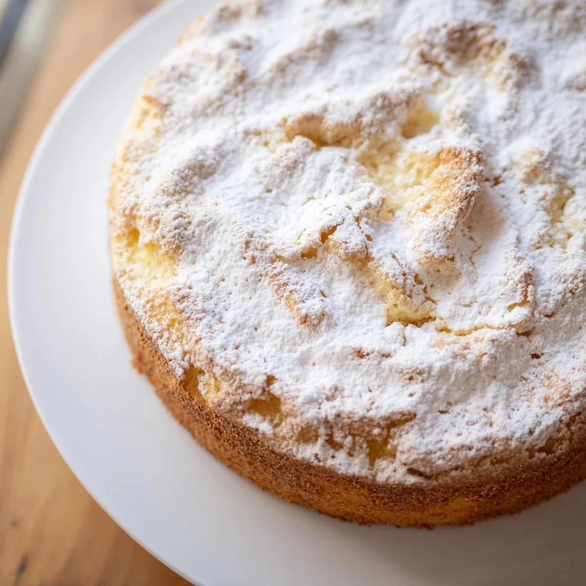 Fluffy Yogurt Cloud Cake sits on a plate, dusted with powdered sugar and topped with fresh raspberries.