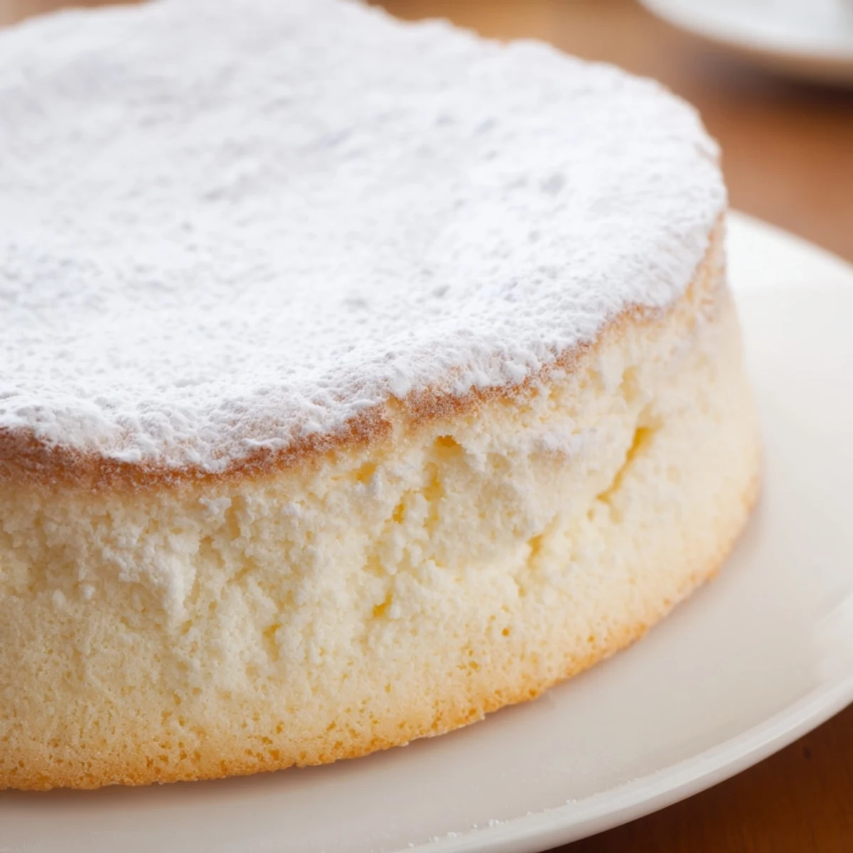 A slice of Fluffy Yogurt Cloud Cake reveals a light, airy crumb next to a dollop of whipped cream.