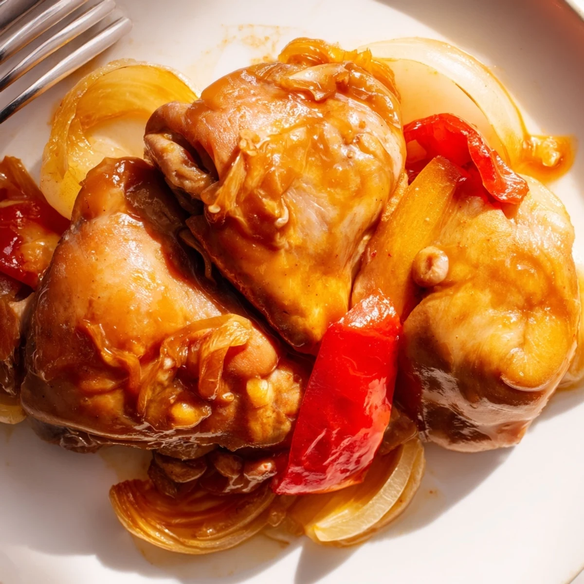 Tender Braised Catalina Chicken with peppers and onions in a savory-sweet glaze, garnished with parsley.