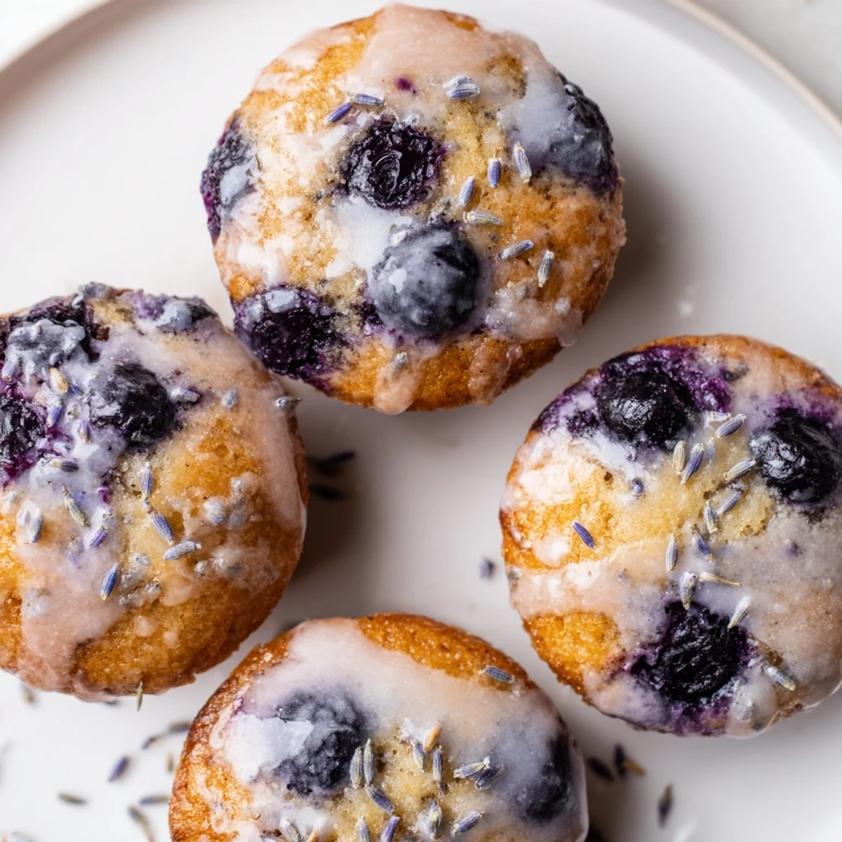 Glazed lavender blueberry tea cakes on a white plate with fresh berries scattered around.