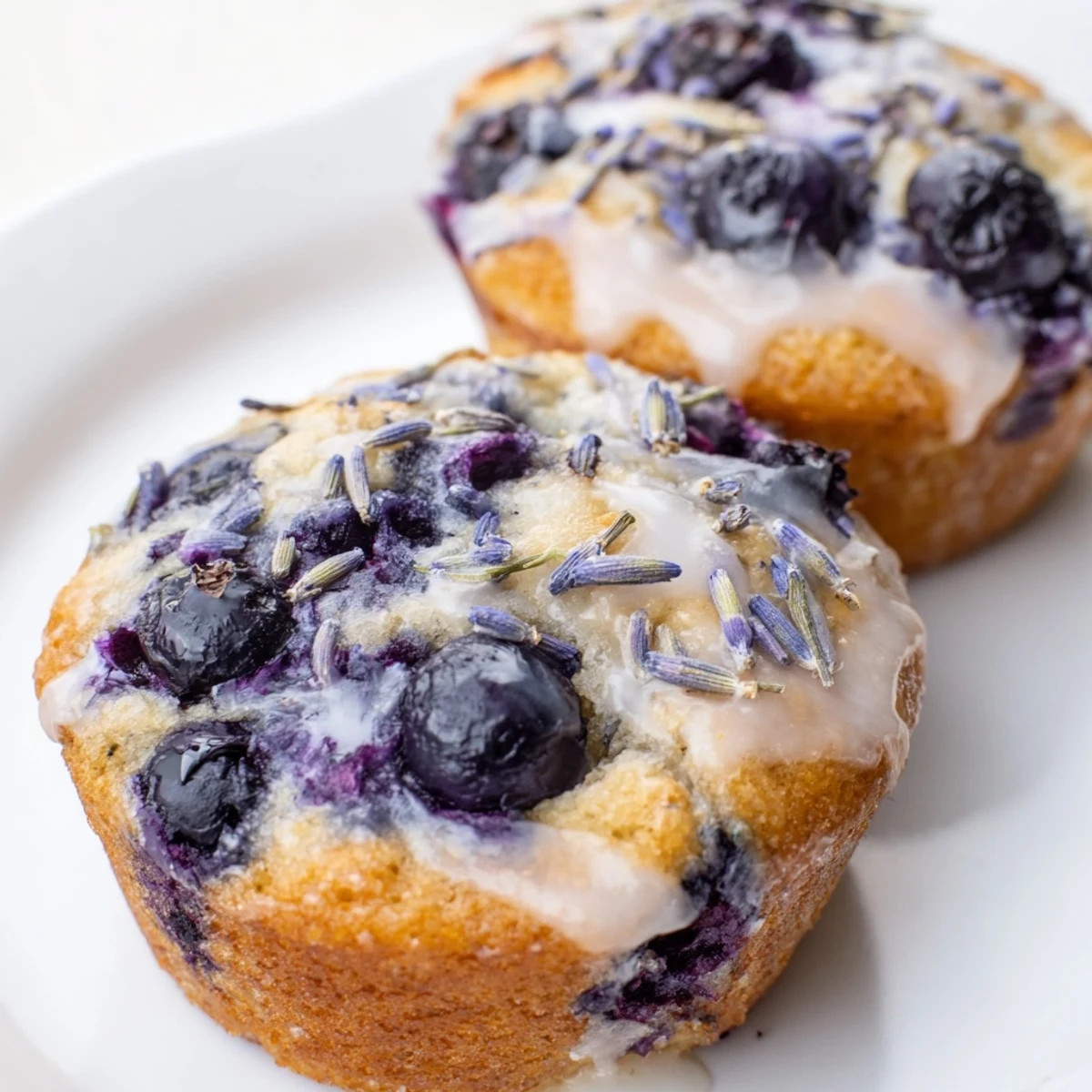 Lavender blueberry tea cakes cooling on a wire rack with a cup of Earl Grey tea.