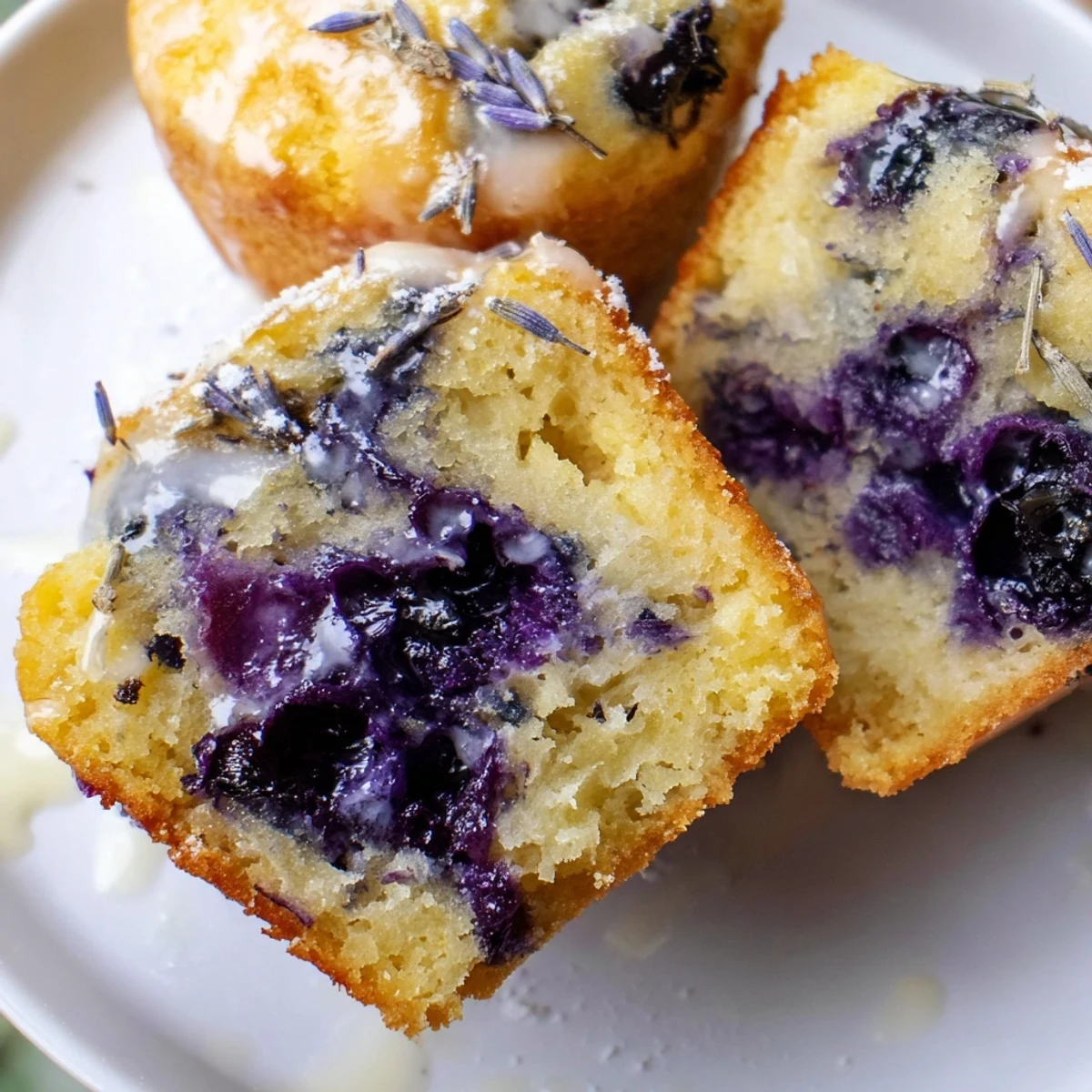 A close-up shows golden mini cakes with bursting blueberries and a lemon glaze drizzle.