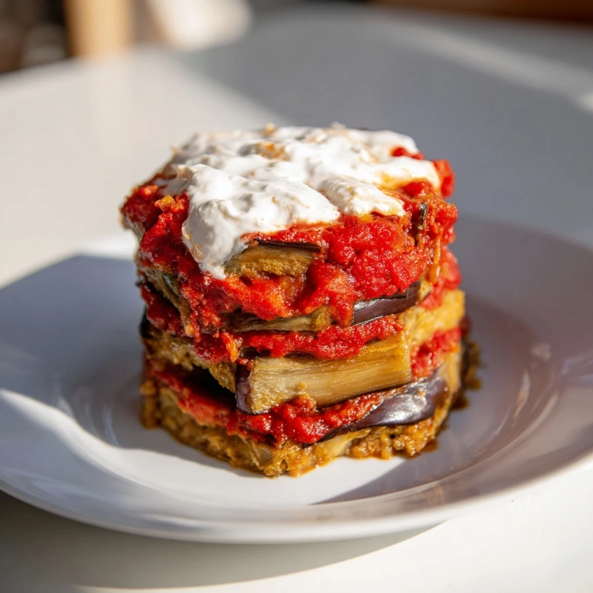 Golden-fried eggplant rounds layered with a spiced tomato sauce and topped with a cooling mint yogurt for Borani Banjan.