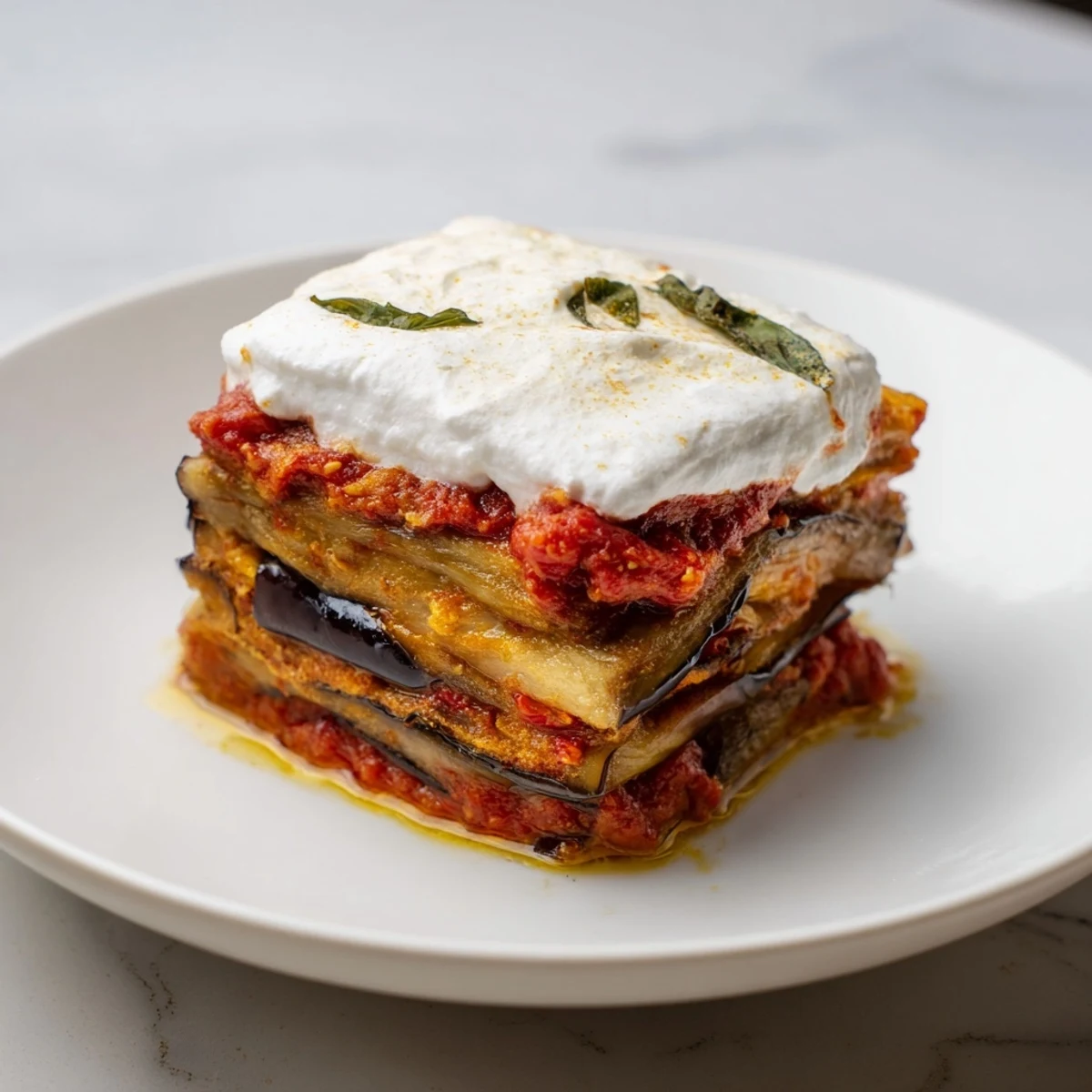 A close-up of Borani Banjan, showing the creamy yogurt topping and vibrant tomato sauce between tender eggplant slices.