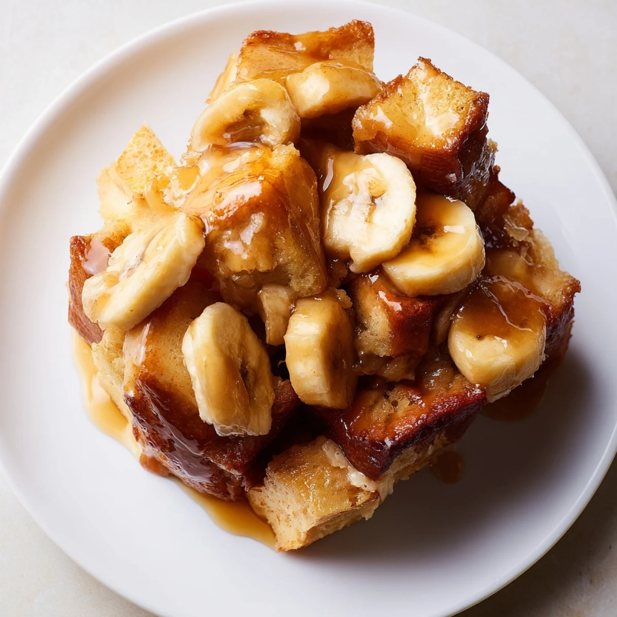 This warm Creamy Bananas Foster Bread Pudding is served à la mode with vanilla ice cream melting over the top.
