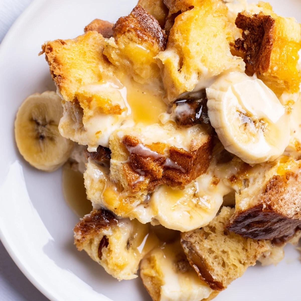 In a rustic kitchen, a slice of Creamy Bananas Foster Bread Pudding reveals golden brioche soaked in rich custard.