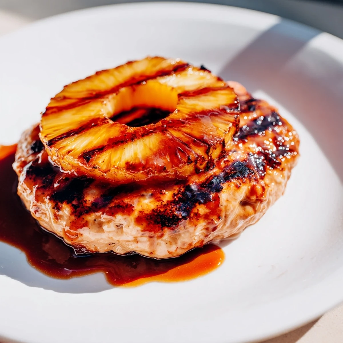 Sizzling grilled Hawaiian Pineapple Chicken Burger with caramelized pineapple ring and sesame bun, ready to serve at a summer backyard barbecue in America.