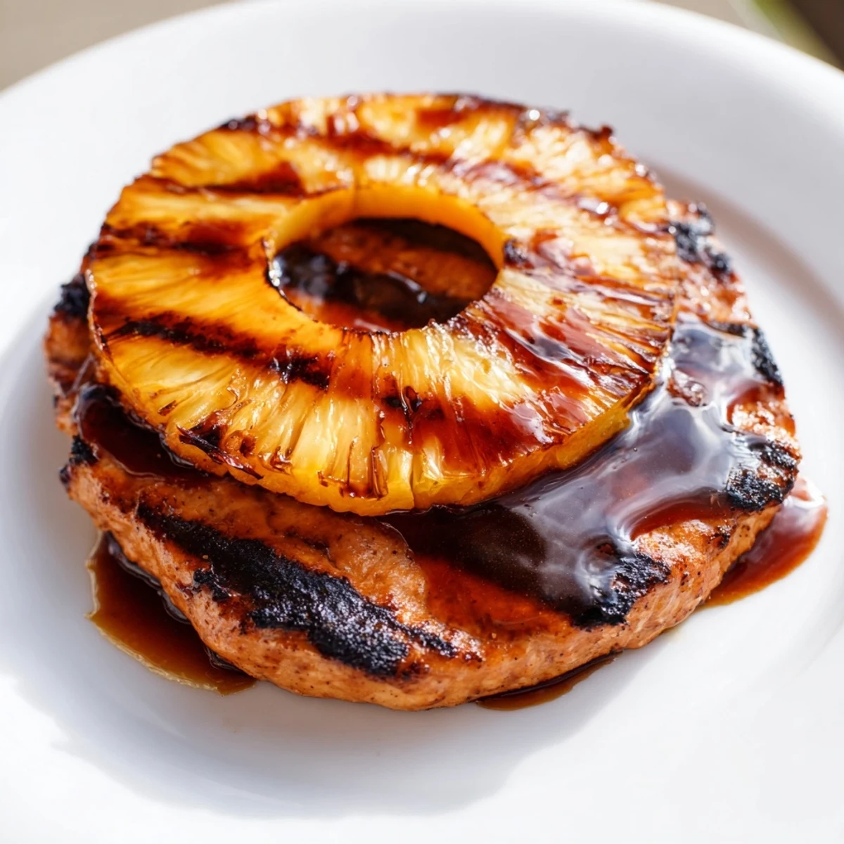 Hawaiian Pineapple Chicken Burger presented on a plate with tangy teriyaki glaze, fresh tomato slice, and crisp greens for a tropical meal.