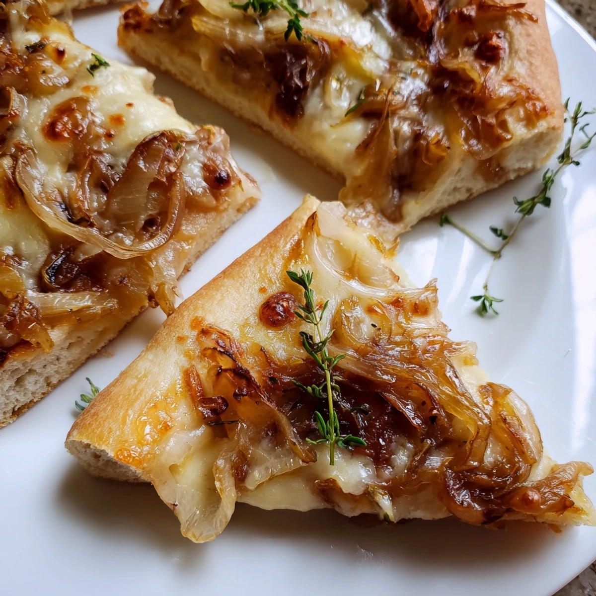 A close-up of caramelized onion pizza with melty cheese, golden crust, and fresh thyme garnish on a rustic wooden board.