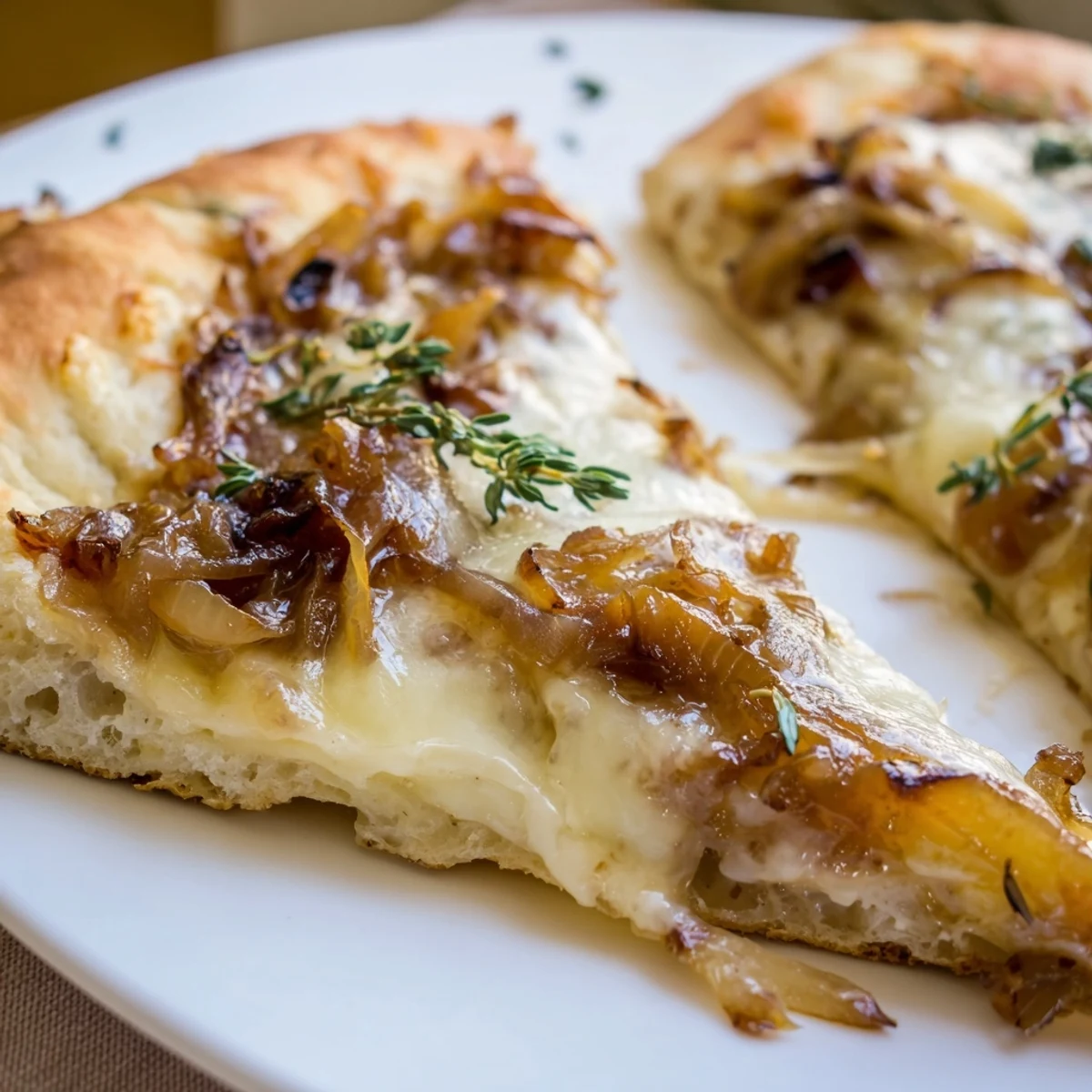 Overhead view of caramelized onion pizza with melty cheese, served on a white plate with a side salad for a cozy dinner.