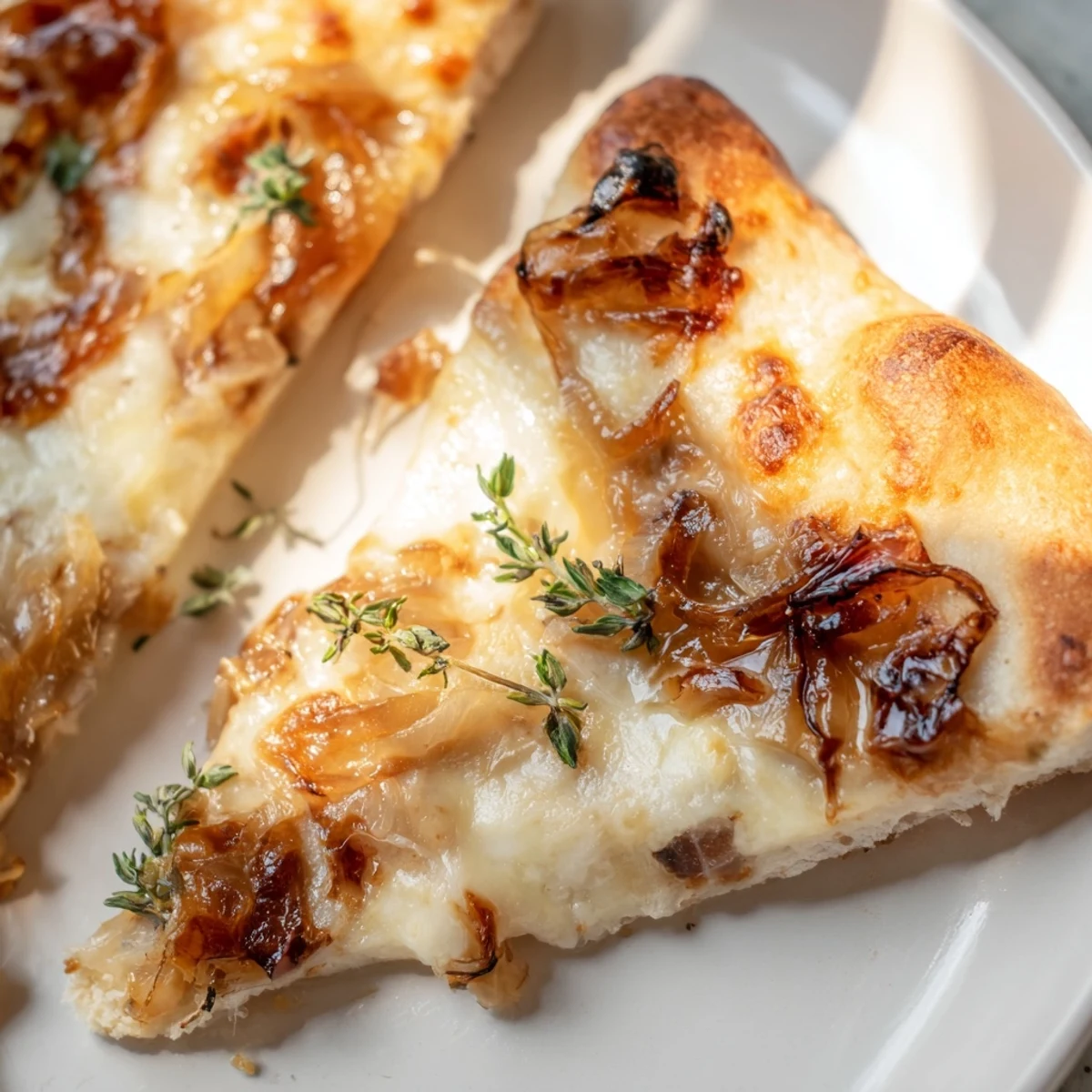 Slice of caramelized onion pizza with melty cheese being lifted, showing gooey strings and a bubbly, browned crust.