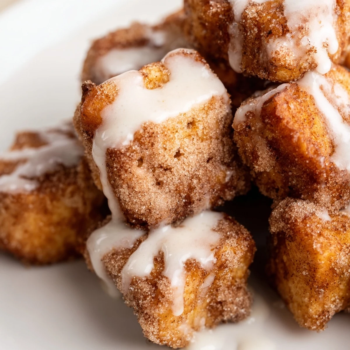 Golden-brown Cinnamon Roll French Toast Bites drizzled with white glaze on a rustic plate.