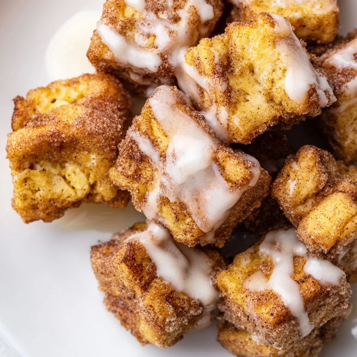 Warm Cinnamon Roll French Toast Bites served with maple syrup and fresh berries nearby.