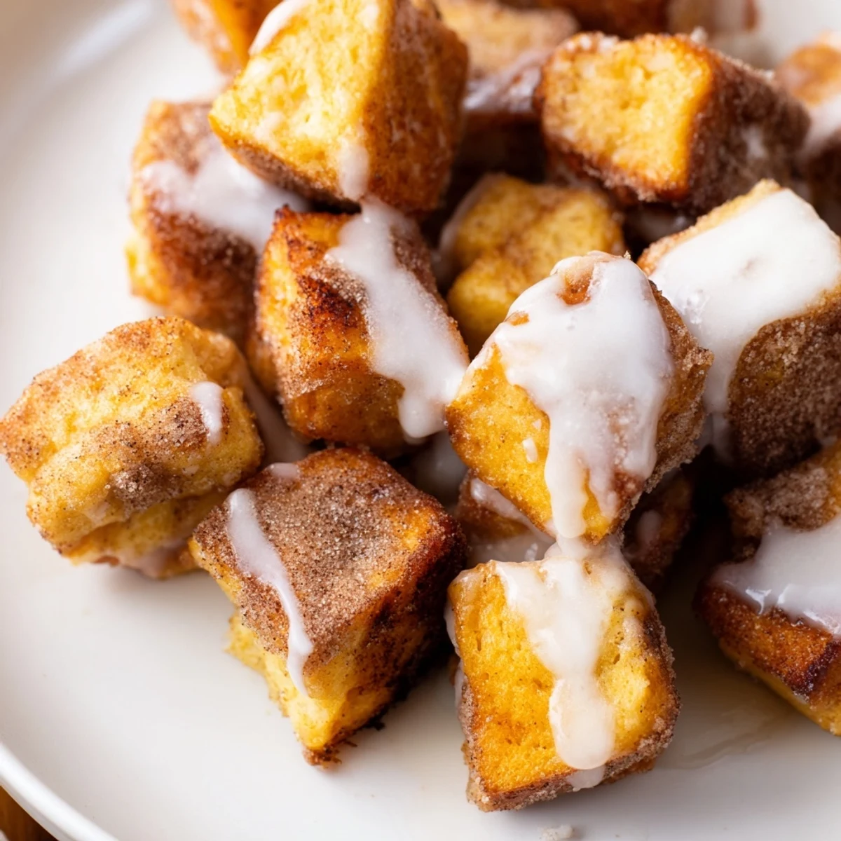Close-up of sugary Cinnamon Roll French Toast Bites on a skillet, ready to be enjoyed.