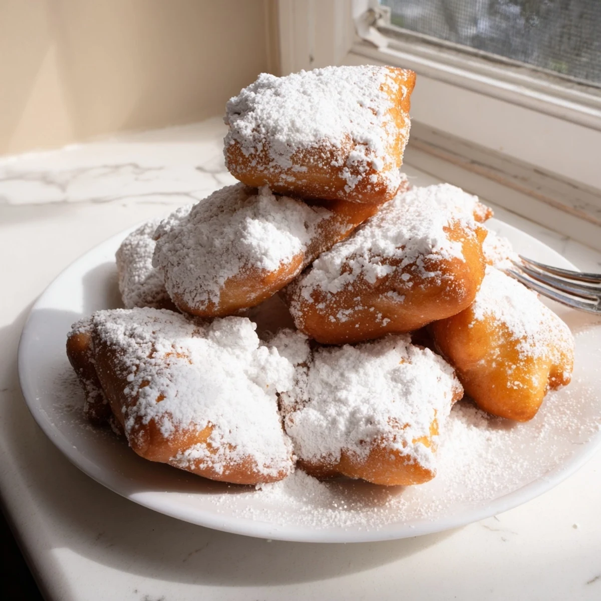 Freshly fried Vanilla French Beignets are dusted with powdered sugar on a rustic wooden board.  