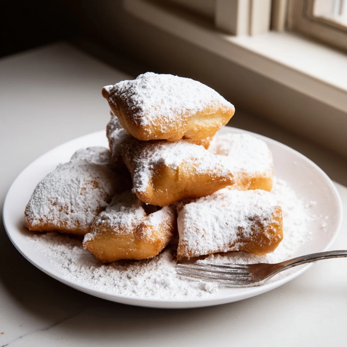Golden Vanilla French Beignets rest on a plate, ready to be enjoyed with hot coffee.  