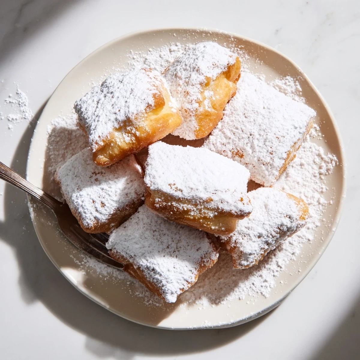 Warm Vanilla French Beignets are piled high, showing their pillowy texture and sweet sugar coating.