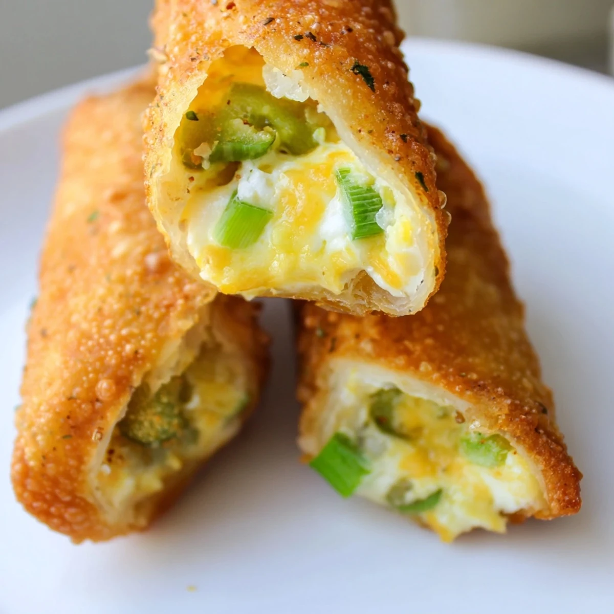 Golden-brown Mini Jalapeño Popper Egg Rolls sit on a platter, their crispy wrappers glistening with oil, paired with a small bowl of creamy ranch dipping sauce for a spicy-savory party bite. 