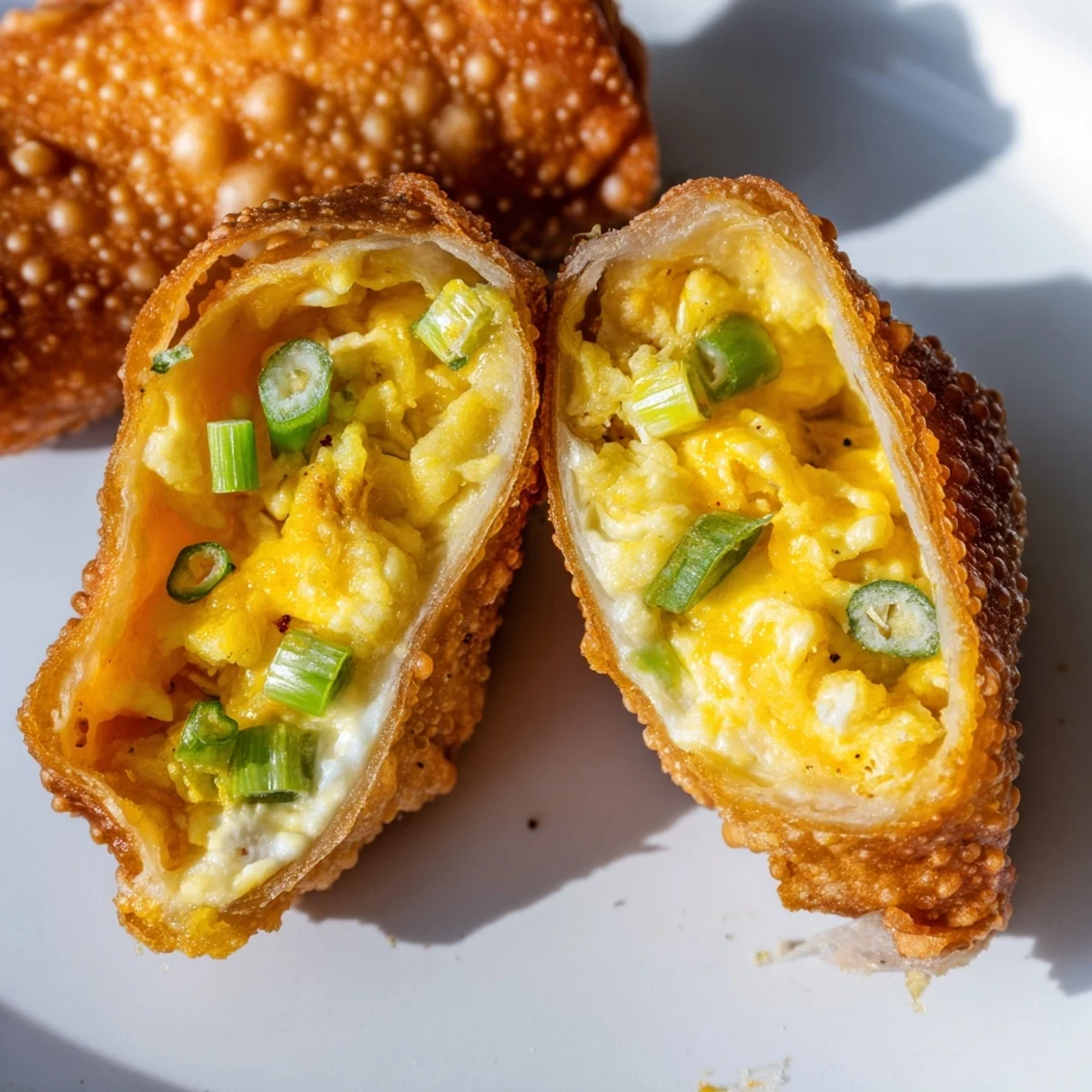 Freshly fried Mini Jalapeño Popper Egg Rolls release steam, revealing melted cheddar and jalapeño flecks inside, perfect for a game day appetizer spread. 