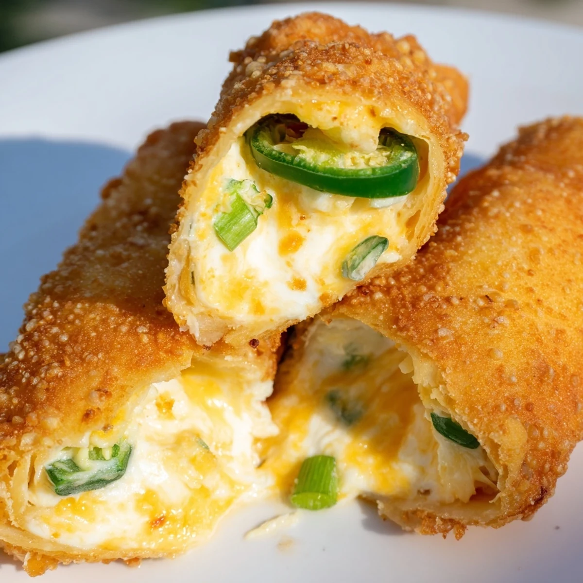 A close-up view shows Mini Jalapeño Popper Egg Rolls with crunchy, blistered egg roll wrappers and a side of cool ranch, ideal for a vegetarian snack.