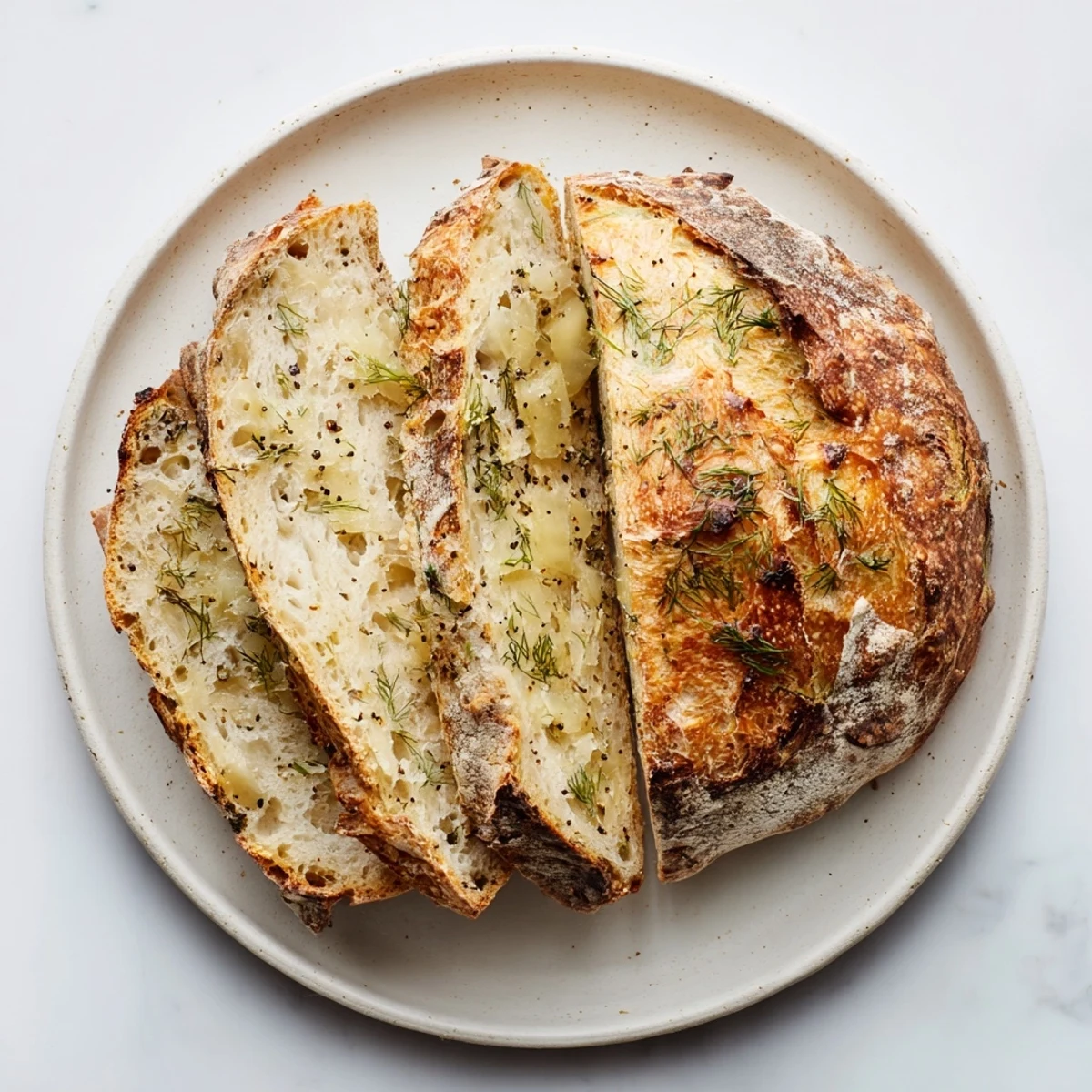 A golden, rustic No Knead Dill Gouda Artisan Bread with a crisp, flaky crust cooling on a wire rack.