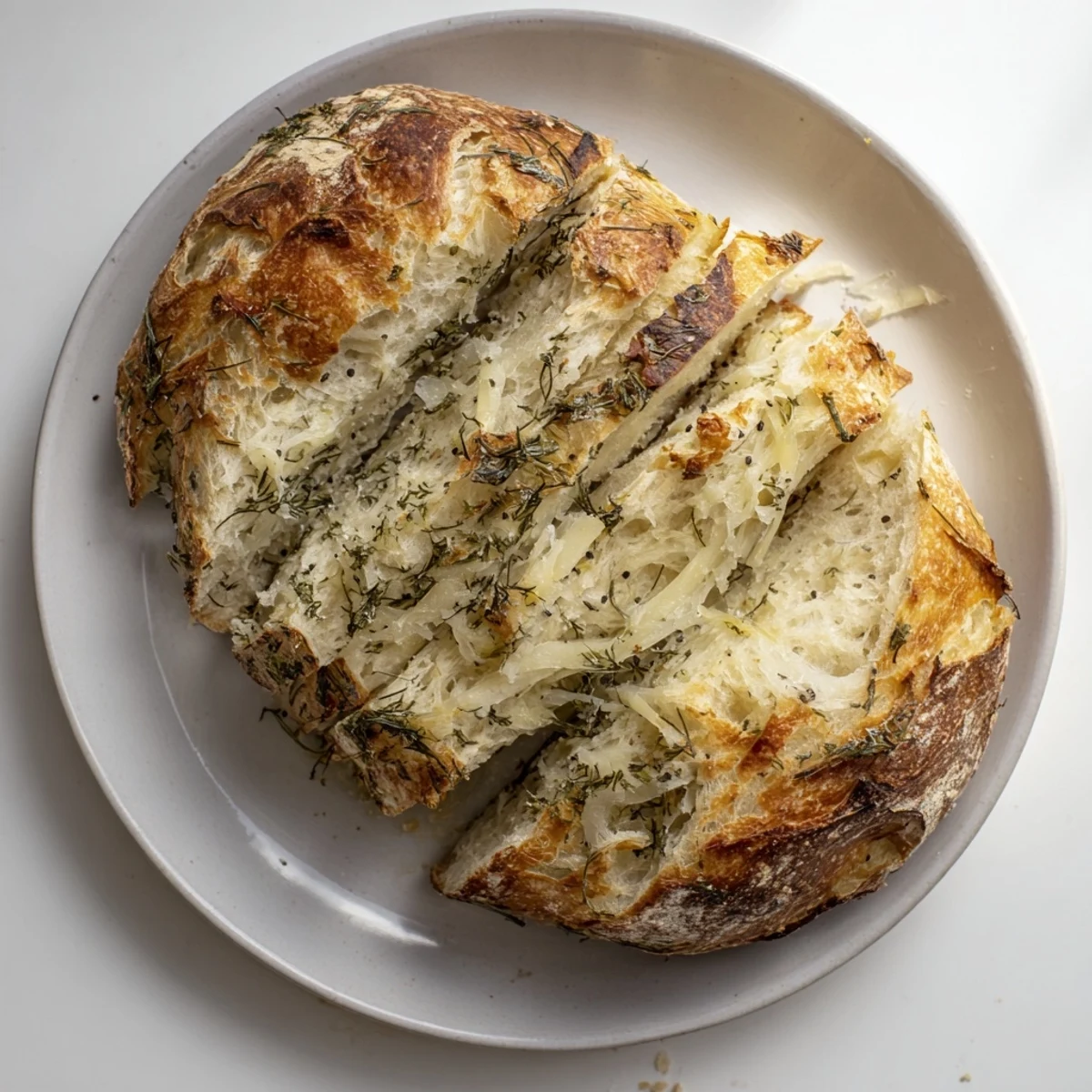 Slices of No Knead Dill Gouda Artisan Bread reveal a soft, airy crumb flecked with fresh green dill.