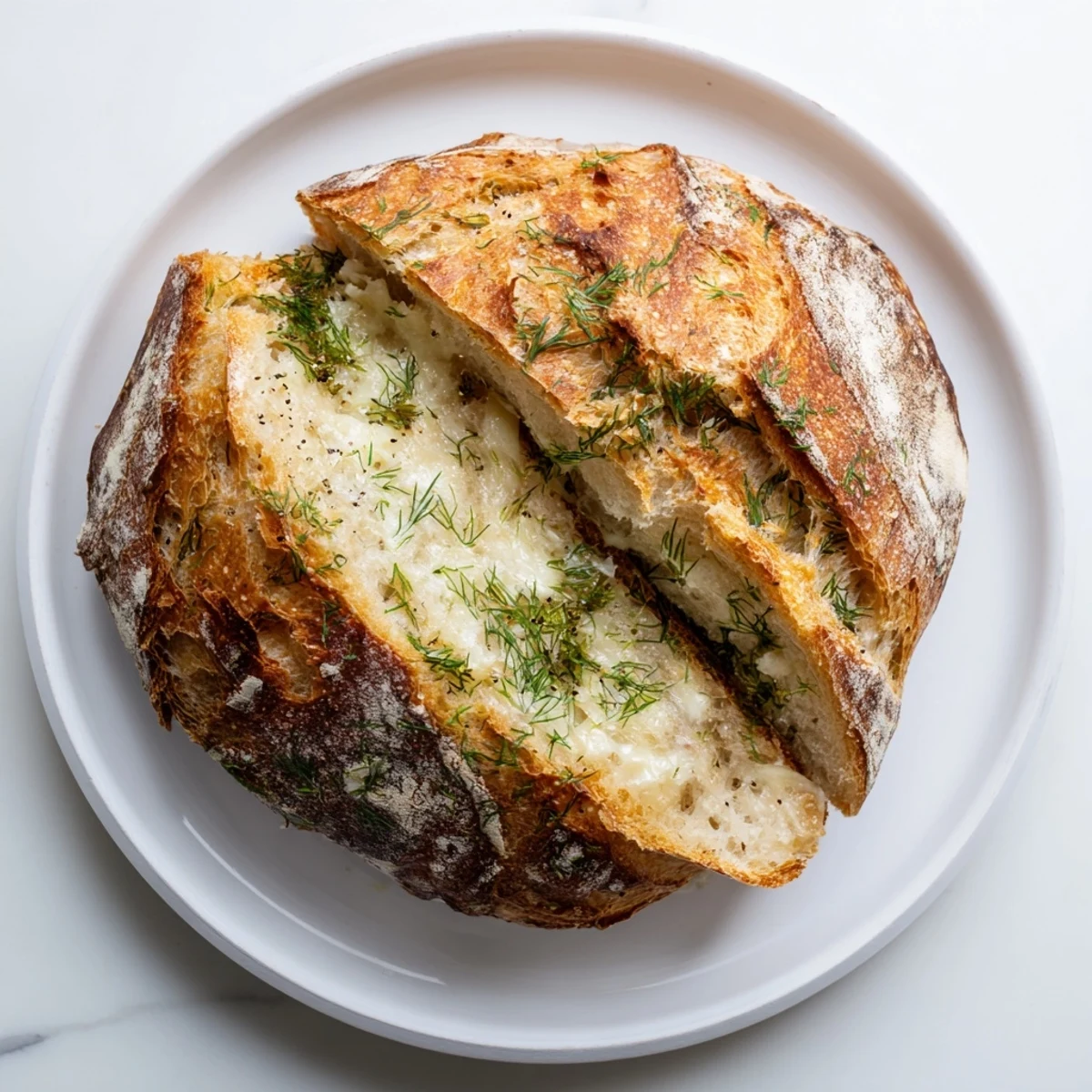 Warm No Knead Dill Gouda Artisan Bread loaf sits beside a bowl of creamy soup on a wooden table.