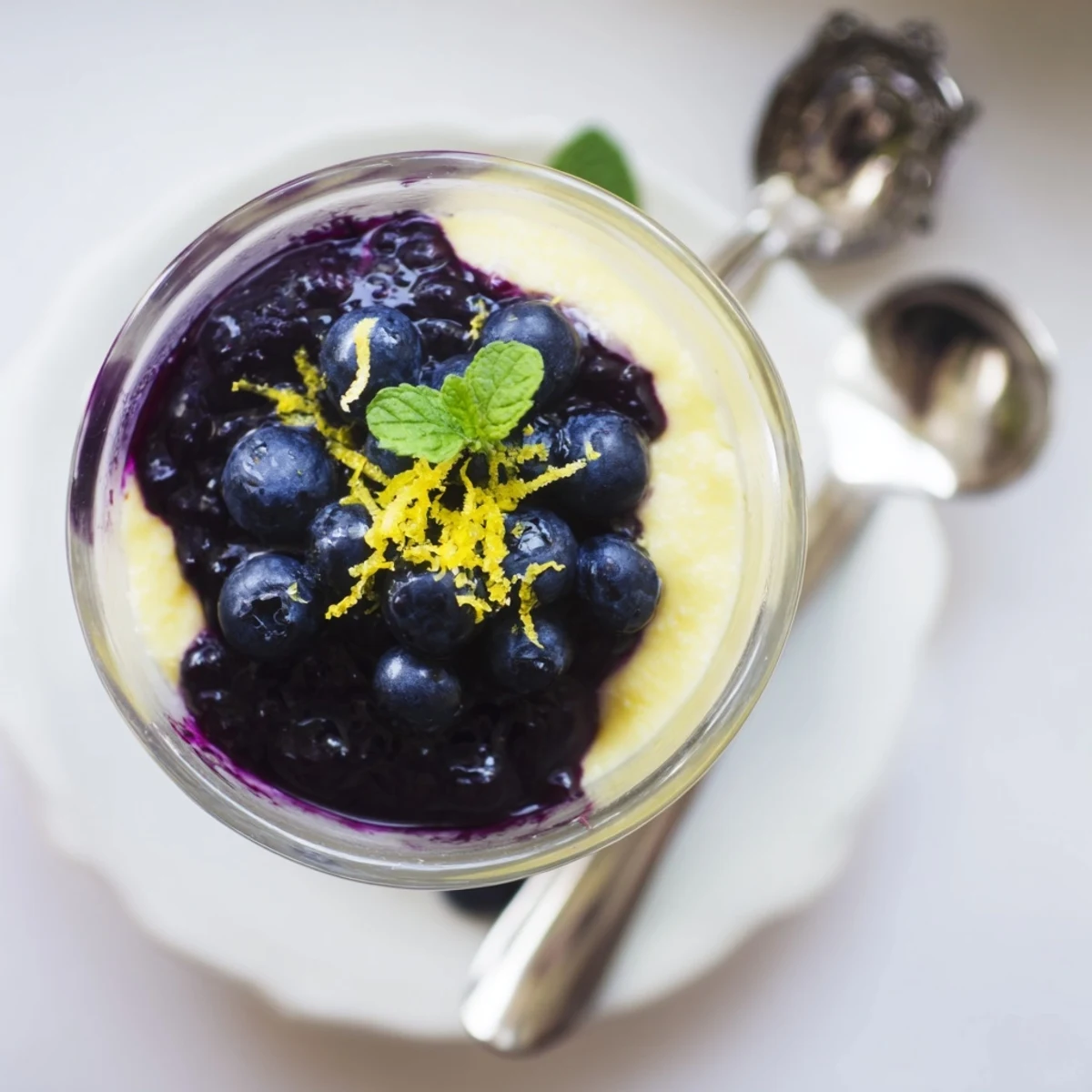 A glass of Lemon Blueberry Mousse layered with vibrant blueberry compote and topped with fresh berries.