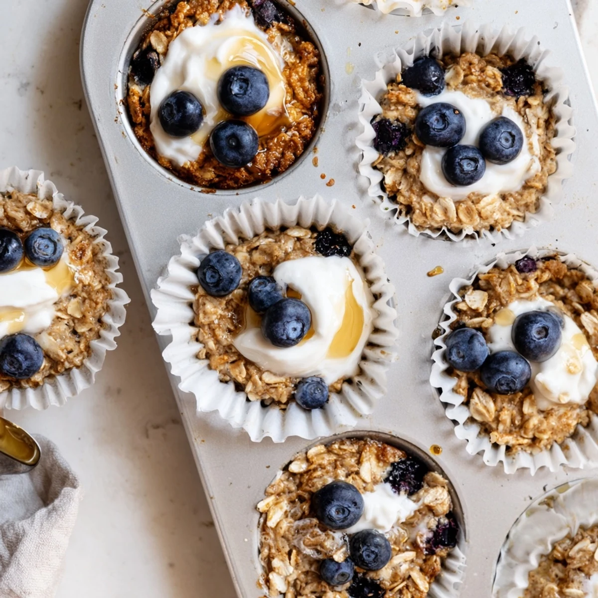Baked Oatmeal Cups with Greek Yogurt displayed on a rustic wooden platter.  