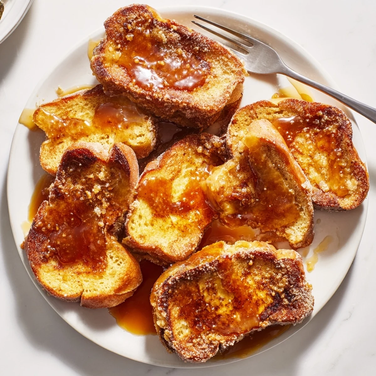 A close-up of Crème Brûlée French Toast reveals soft layers soaked in vanilla custard and a glossy brown sugar glaze.