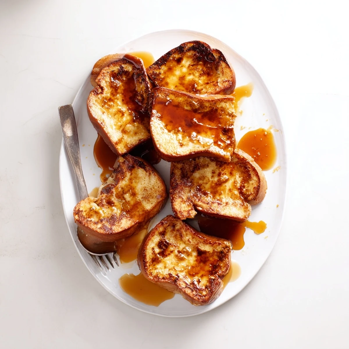 Freshly baked Crème Brûlée French Toast showcases a golden, caramelized sugar crust bubbling over custardy bread slices.