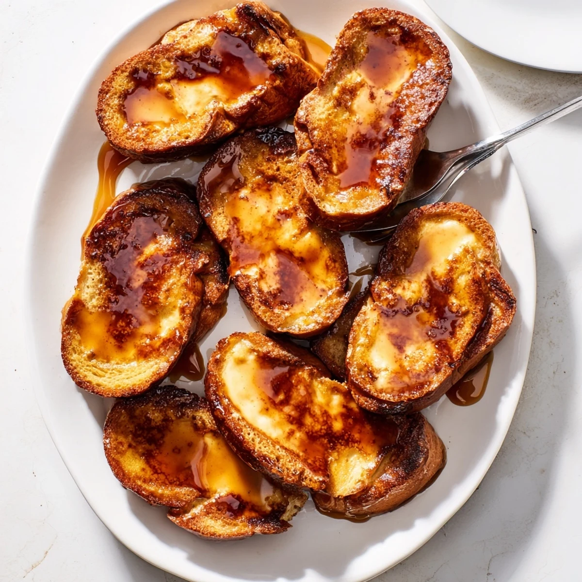 Warm Crème Brûlée French Toast is served on a white plate with fresh berries and a dusting of powdered sugar.