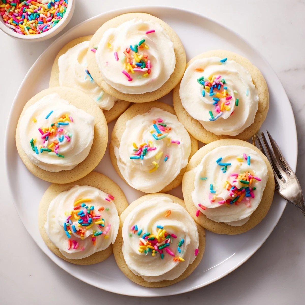 Golden Walmart-Style Sugar Cookies with Buttercream Frosting stacked on a cooling rack, showing soft edges and fluffy pink frosting swirls.