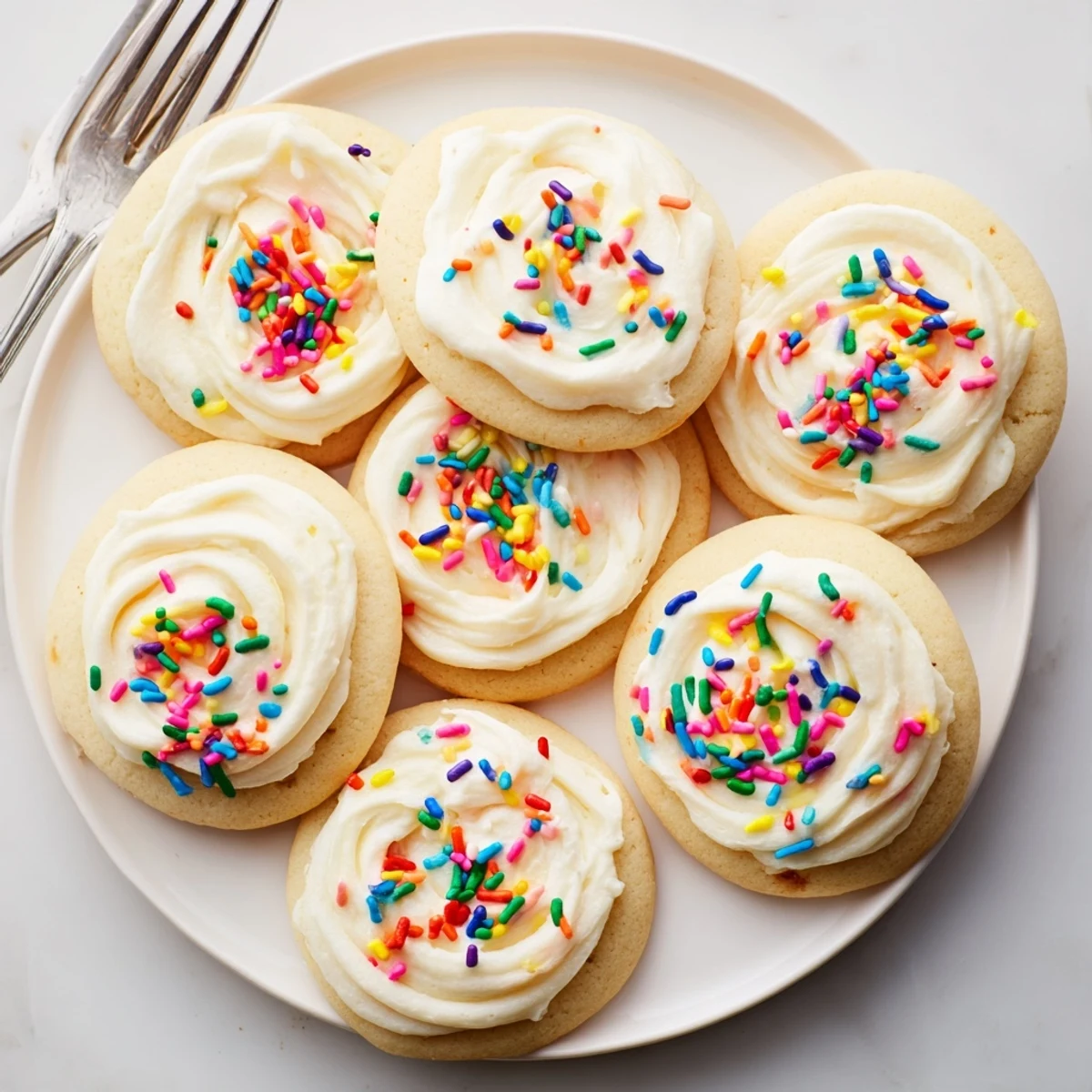 Two Walmart-Style Sugar Cookies with Buttercream Frosting on a white plate, with rainbow sprinkles and a glass of cold milk nearby.