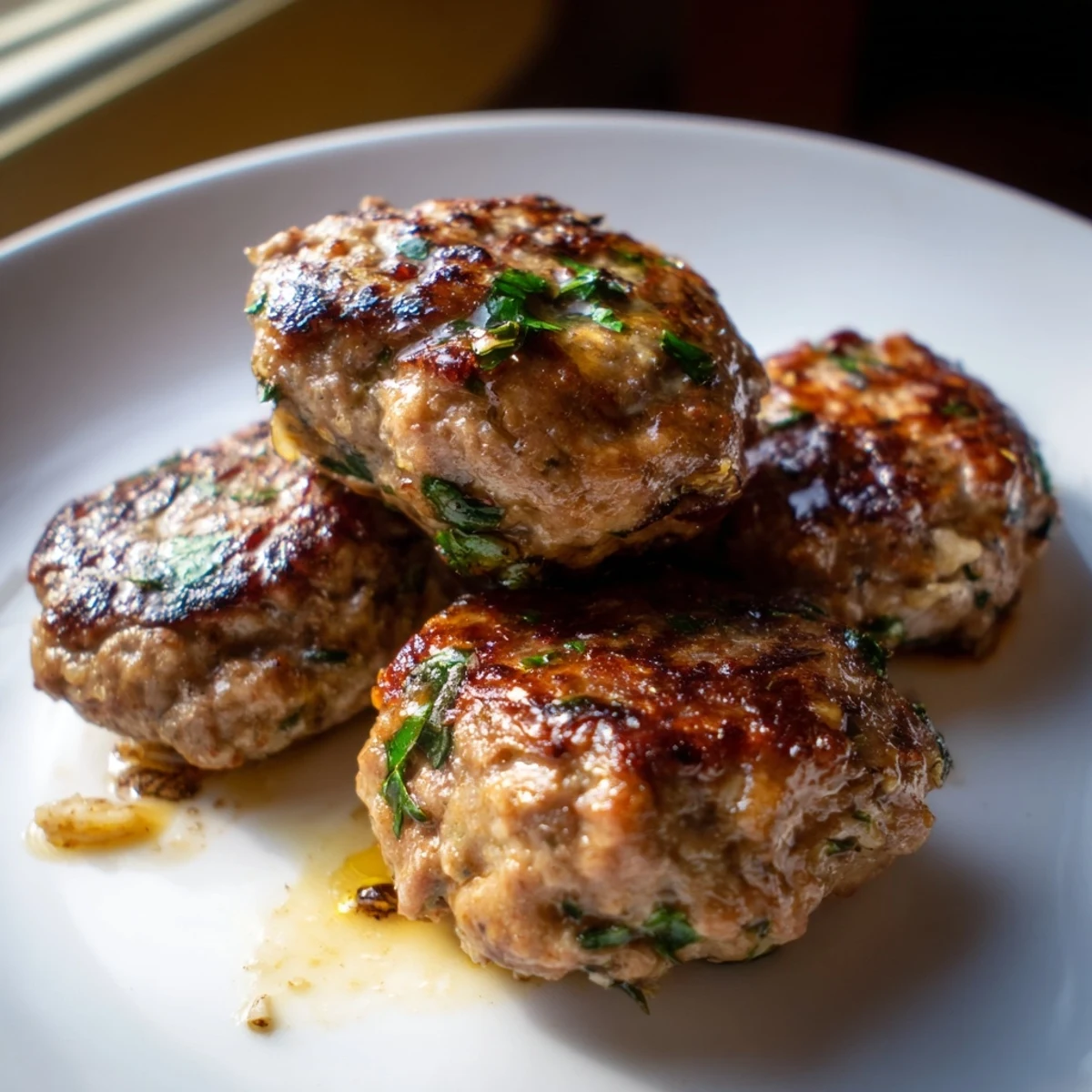 Golden-brown lamb rissoles sizzling in a skillet next to a colorful bowl of sweet potato salad with feta crumbles and pumpkin seeds.